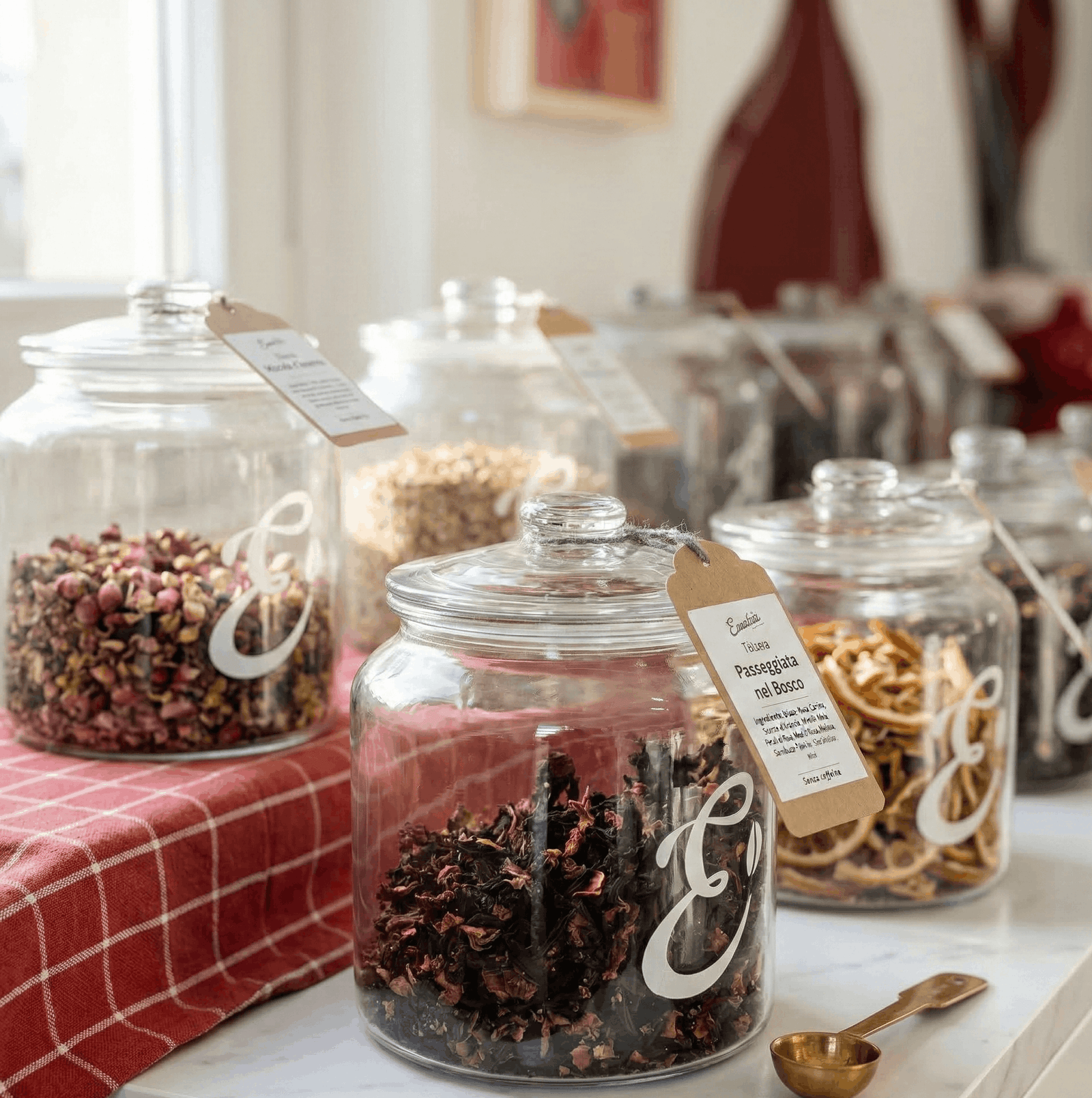 barattoli di tè e tisane come display visivo per clienti