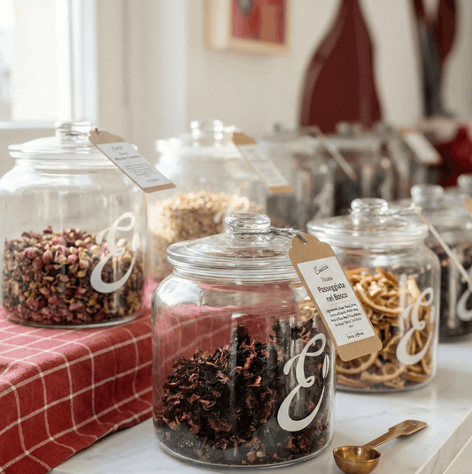 tea and herbal infusion jars displayed for customers