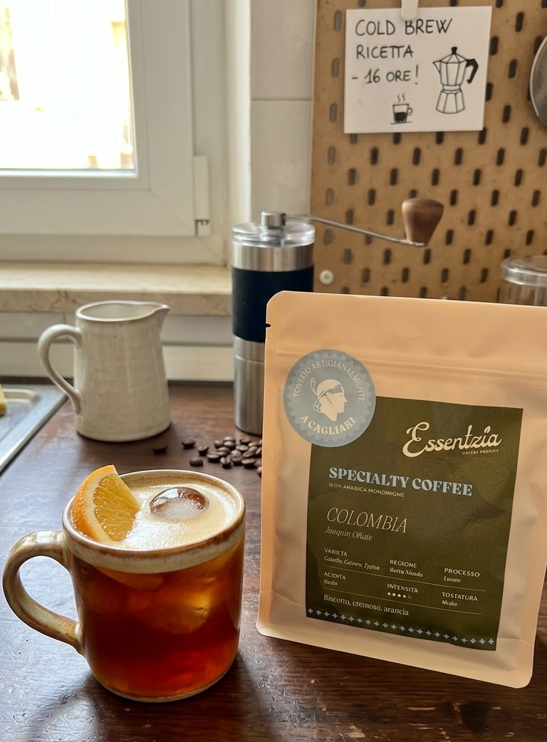 glass of cold brew with coffee bag